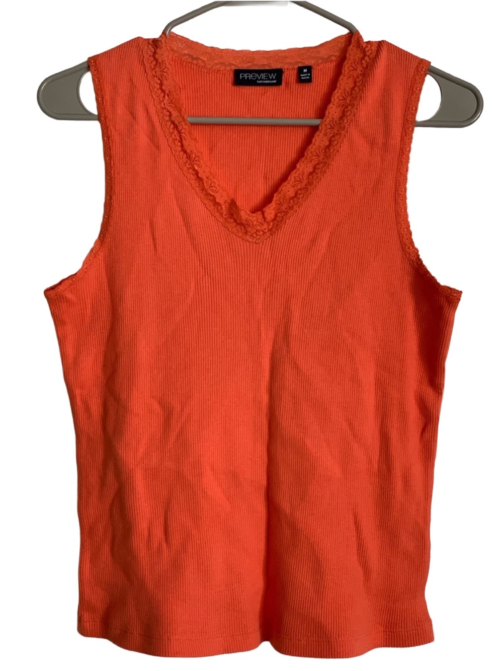 PREVIEW Women’s Orange Ribbed  Sleeveless Tank Lace V-neck Cotton Tank Top